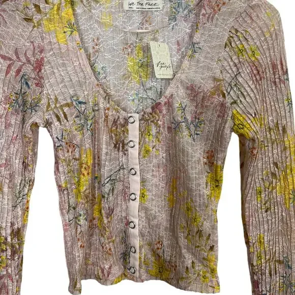 Free People Angelina Top Small Pink Floral Print Lace New Sheer Romantic Cottage - Picture 4 of 7